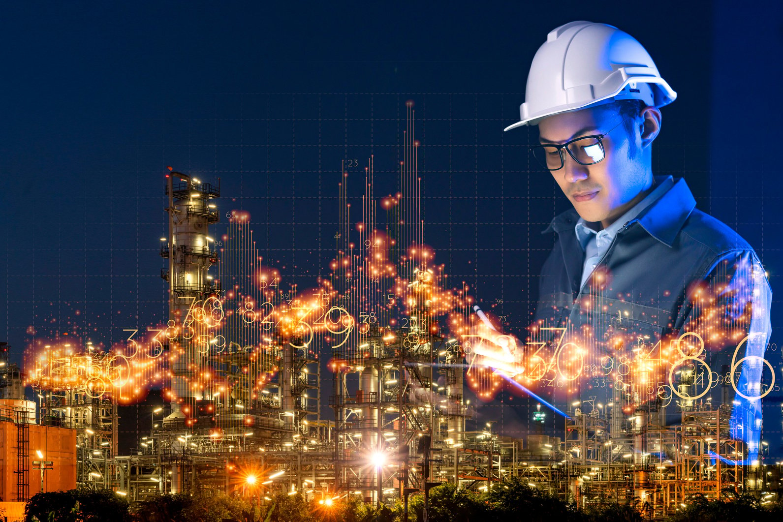 Asian engineer smart industry background, sustainable power energy management smart factory  technology, oil and gas plant background